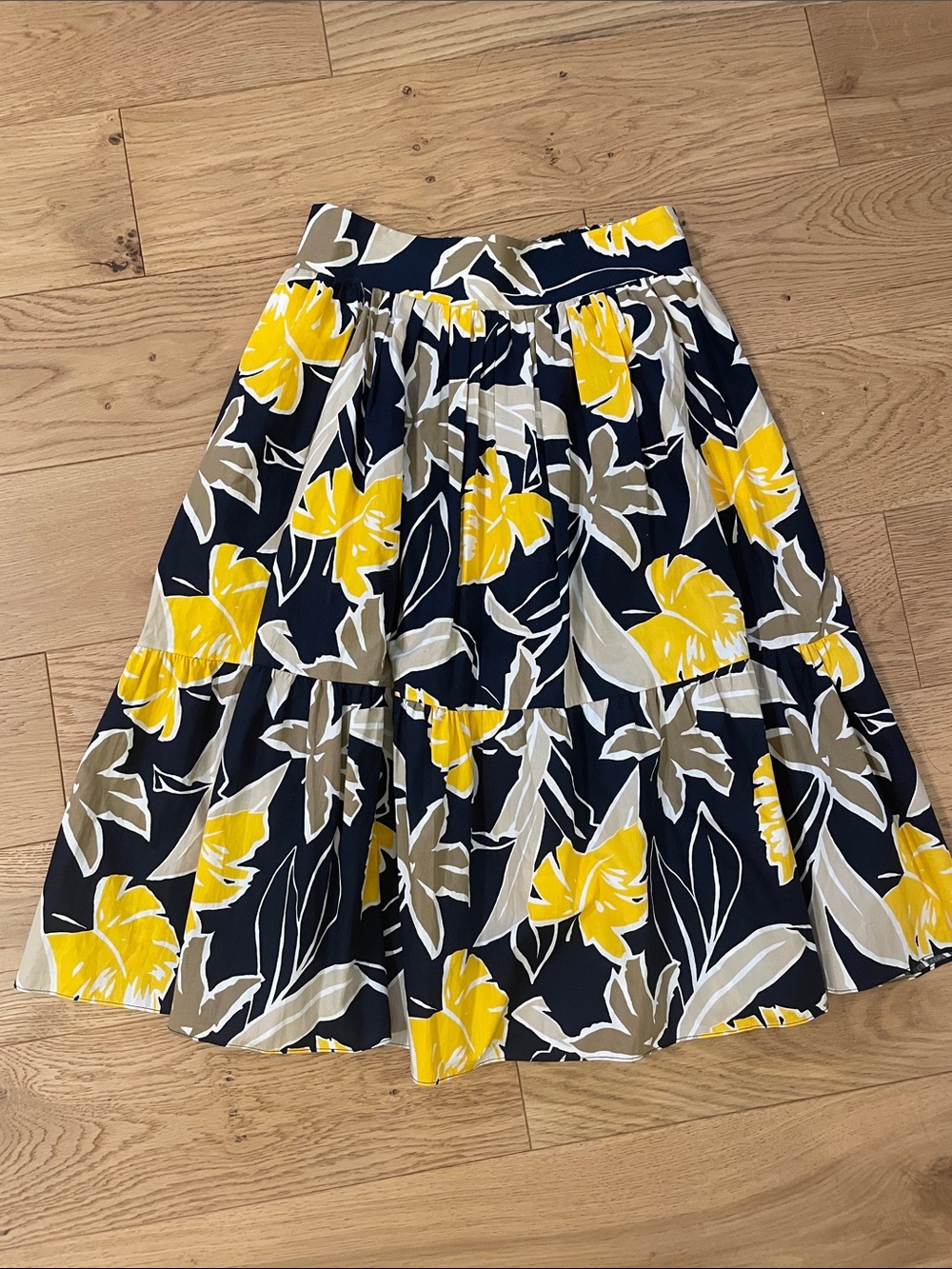 Zara Basic Collection Floral Tiered Midi Skirt in Navy, Yellow & Taupe